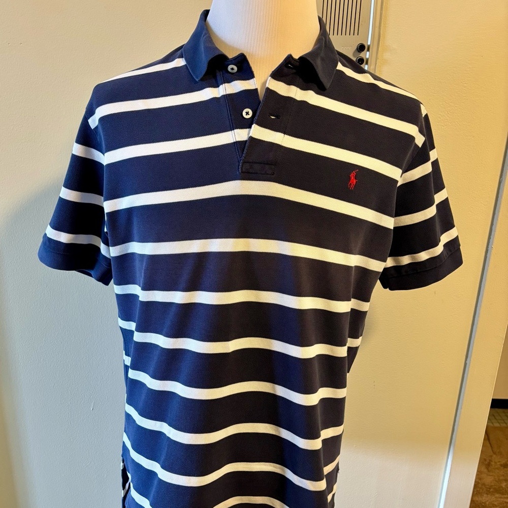 Polo by Ralph Lauren Navy and White Striped Polo men's LG short-sleeve